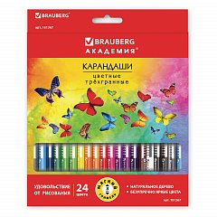 Карандаши цветные BRAUBERG "БАБОЧКИ", 24 цвета, трехгранные заточенные, корпус с полосками фото