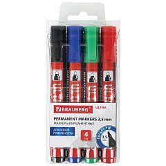 Маркеры перманентные BRAUBERG ULTRA MARKER, НАБОР 4 ЦВЕТА, круглый наконечник 3,5 мм, 152208 фото