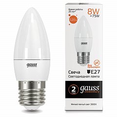Лампа светодиодная GAUSS, 8(75)Вт, цоколь Е27, свеча, теплый белый, 25000 ч, LED B37-8W-3000-E27, 33218 фото