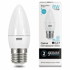 Лампа светодиодная GAUSS, 8(75)Вт, цоколь Е27, свеча, нейтральный белый, 25000 ч, LED B37-8W-4100-E27, 33228 фото