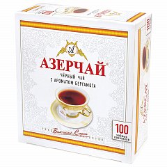Чай АЗЕРЧАЙ черный с бергамотом, 100 пакетиков с ярлычками по 2 г, картонная коробка, 419830 фото