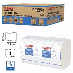Полотенца бумажные 200 шт., LAIMA (H3) UNIVERSAL WHITE, 1-слойные, белые, КОМПЛЕКТ 15 пачек, 23x20,5, V-сложение, 111342 фото