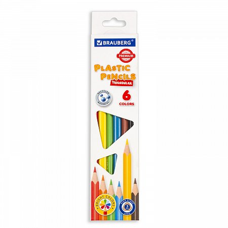 Карандаши цветные пластиковые BRAUBERG PREMIUM, 6 цветов, трехгранные, грифель мягкий 3 мм, 181660 фото