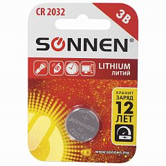 Батарейка SONNEN Lithium, CR2032, литиевая, 1 шт., в блистере, 451974 фото