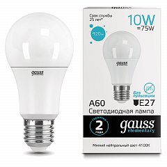 Лампа светодиодная GAUSS, 10(75)Вт, цоколь Е27, груша, нейтральный белый, 25000 ч, LED A60-10W-4100-E27, 23220 фото