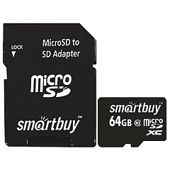 Карта памяти micro SDXC, 64 GB, SMARTBUY, 10 Мб/сек. (class 10), с адаптером, SB64GBSDCL10-01 фото
