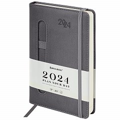 Ежедневник датированный 2024 А5 138x213мм BRAUBERG Optimal, под кожу, резинка-фиксатор, держатель для ручки, серый, 114977 фото