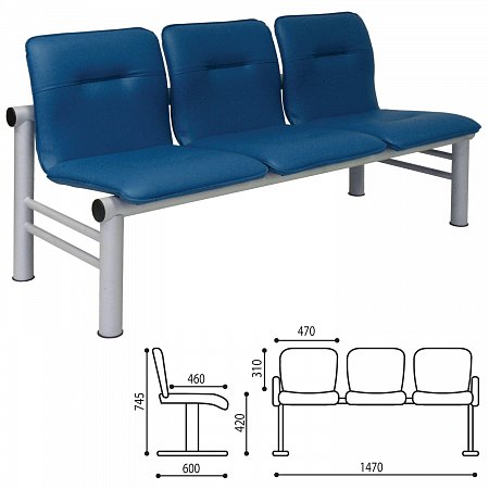 Кресло для посетителей трехсекционное "Троя", 745х1470х600 мм, светлый каркас, кожзам синий, СМ 105-03 К20 фото