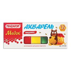 Краски акварельные ПИФАГОР "МЕДОК" 12 цветов, медовые, без кисти, картонная коробка, 191518 фото