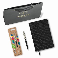 Ручка шариковая PARKER "Jotter Plastic CT", корпус черный, ежедневник А5 черный, золотой срез, пакет, 880894 фото