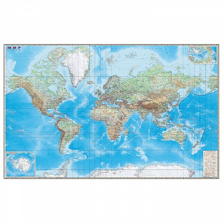 Карта настенная "Мир. Обзорная карта. Физическая с границами", М-1:15 млн., разм. 192х140 см, ламинированная, 293 фото