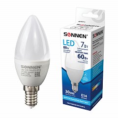 Лампа светодиодная SONNEN, 7 (60) Вт, цоколь Е14, свеча, холодный белый свет, 30000 ч, LED C37-7W-4000-E14, 453712 фото