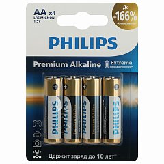 Батарейки алкалиновые "пальчиковые" КОМПЛЕКТ 4 шт PHILIPS Premium Alkaline, АА (LR6,2, Б0062753 фото