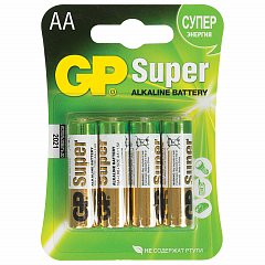 Батарейки КОМПЛЕКТ 4 шт., GP Super, AA (LR06, 15А), алкалиновые, пальчиковые, блистер фото