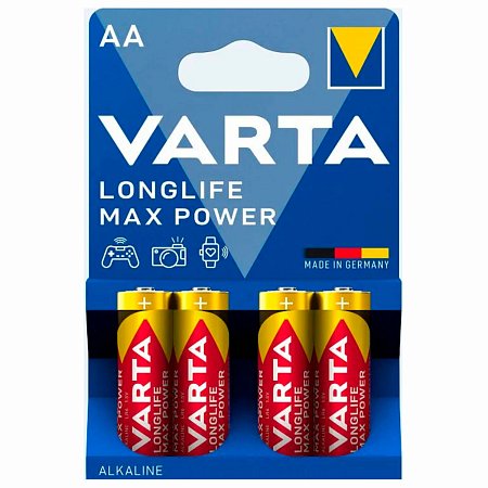 Батарейки алкалиновые "пальчиковые" КОМПЛЕКТ 4 шт VARTA LONGLIFE MAX POWER, АА (LR6,2, 4706101404 фото