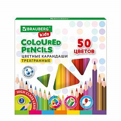 Карандаши цветные BRAUBERG KIDS, 50 цветов, трехгранный корпус, грифель мягкий 3 мм, 181946 фото