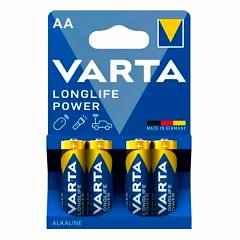 Батарейки алкалиновые "пальчиковые" КОМПЛЕКТ 4 шт VARTA LONGLIFE POWER, АА (LR6,24А), 4906121414 фото