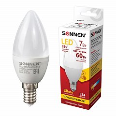 Лампа светодиодная SONNEN, 7 (60) Вт, цоколь Е14, свеча, теплый белый свет, 30000 ч, LED C37-7W-2700-E14, 453711 фото