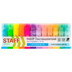Набор текстовыделителей 12 ЦВЕТОВ, STAFF EVERYDAY HL-707, 6 неоновых цветов + 6 пастельных цветов, линия 1-5 мм, скошен. наконечник, 152552 фото