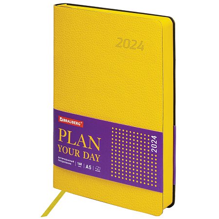Ежедневник датированный 2024 А5 138x213мм BRAUBERG Stylish, под кожу гибкий, желтый, 114894 фото