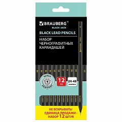 Карандаши чернографитные BRAUBERG НАБОР 12 шт., "Black Jack", 2Н-4В, без резинки, черные, дерево, заточенные, 180620 фото