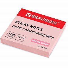 Блок самоклеящийся (стикеры) BRAUBERG, ПАСТЕЛЬНЫЙ, 76х76 мм, 100 листов, розовый, 122697 фото