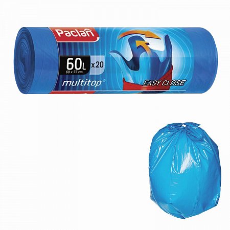 Мешки для мусора 60 л, с ушками, синие, в рулоне 20 шт., ПНД, 14 мкм, 60х77 см, PACLAN "Multitop", 402092 фото