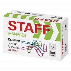 Скрепки STAFF "Manager", 28 мм, цветные, 100 шт., в картонной коробке, 226821 фото