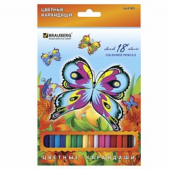 Карандаши цветные BRAUBERG "Wonderful butterfly", 18 цветов, заточенные, картонная упаковка с блестками, 180550 фото
