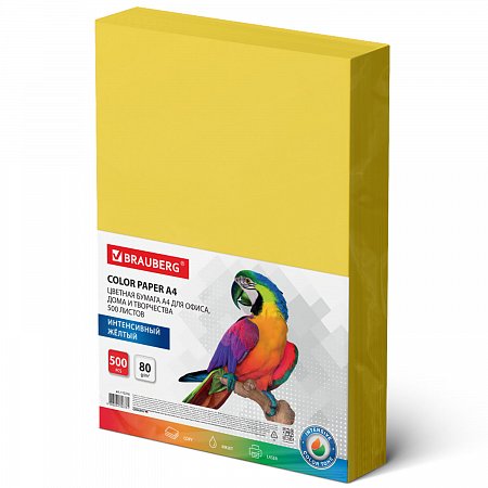 Бумага цветная BRAUBERG, А4, 80 г/м2, 500 л., интенсив, желтая, для офисной техники,, 115216 фото
