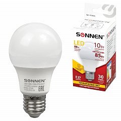 Лампа светодиодная SONNEN, 10 (85) Вт, цоколь Е27, груша, теплый белый свет, 30000 ч, LED A60-10W-2700-E27, 453695 фото