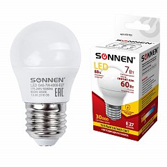 Лампа светодиодная SONNEN, 7 (60) Вт, цоколь E27, шар, теплый белый свет, 30000 ч, LED G45-7W-2700-E27, 453703 фото