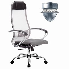 Кресло офисное МЕТТА "К-3" хром, ткань-сетка, сиденье и спинка регулируемые, светло-серое фото