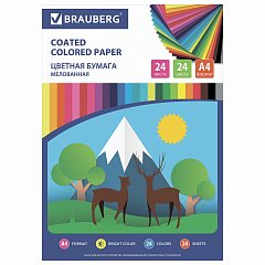 Цветная бумага, А4, мелованная, 24 листа, 24 цвета, на скобе, BRAUBERG ЭКО, 200х280 мм, "Природа", 111329 фото