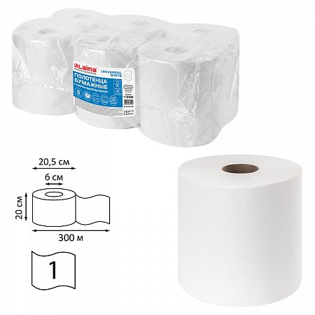 Полотенца бумажные с центральной вытяжкой 300 м, LAIMA (Система M2) UNIVERSAL WHITE, 1-слойные, белые, КОМПЛЕКТ 6 рулонов, 112506 фото