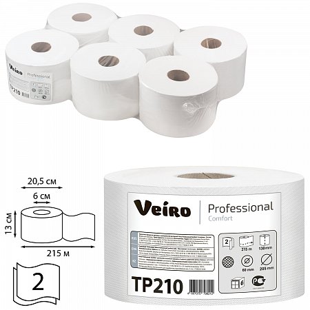 Бумага туалетная 215 м, VEIRO (Система T8), КОМПЛЕКТ 6 шт., с центральной вытяжкой, Comfort, 2-слойная, TP210 фото