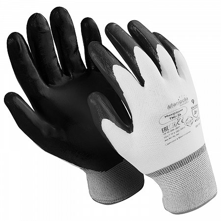 Перчатки нейлоновые MANIPULA "Микронит", нитриловое покрытие (облив), размер 8 (M), белые/черные, TNI-14 фото