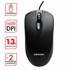 Мышь проводная SONNEN B61, USB, 1600 dpi, 2 кнопки + колесо-кнопка, оптическая, черная, 513513 фото