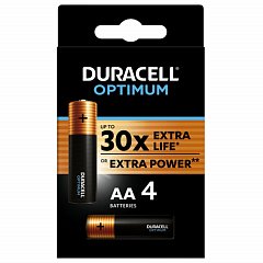 Батарейки КОМПЛЕКТ 4шт DURACELL Optimum AA(LR6,15А), х30 мощность, алкалин, пальчиковые, (ш/к 8696), 5014061 фото