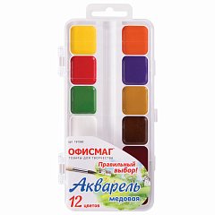 Краски акварельные школьные ОФИСМАГ, 12 цветов, медовые, пластиковая коробка, 191562 фото
