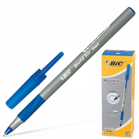 Ручка шариковая с грипом BIC "Round Stic Exact", СИНЯЯ, корпус серый, узел 0,8 мм, линия письма 0,3 мм, 918543 фото