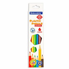 Карандаши цветные пластиковые BRAUBERG PREMIUM, 6 цветов, шестигранные, грифель мягкий 3 мм, 181665 фото