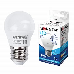 Лампа светодиодная SONNEN, 7 (60) Вт, цоколь E27, шар, холодный белый свет, 30000 ч, LED G45-7W-4000-E27, 453704 фото