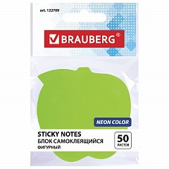 Блок самоклеящийся (стикеры), фигурный BRAUBERG, НЕОНОВЫЙ "Яблоко", 50 листов, зеленый, европодвес, 122709 фото