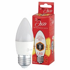 Лампа светодиодная ЭРА, 8(55)Вт, цоколь Е27, свеча, теплый белый, 25000 ч, ECO LED B35-8W-2700-E27, Б0030020 фото