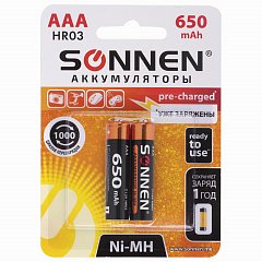 Батарейки аккумуляторные КОМПЛЕКТ 2 шт., SONNEN, AAA (HR03), Ni-Mh, 650 mAh, в блистере, 454236 фото