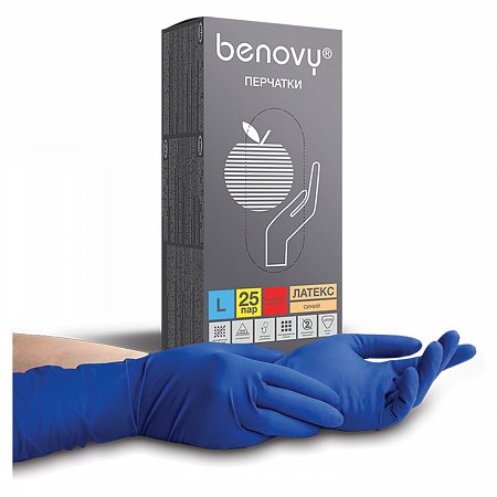 Перчатки латексные смотровые BENOVY High Risk 25 пар (50 шт.), неопудренные, повышенной прочности, размер L (большой), синие, - фото
