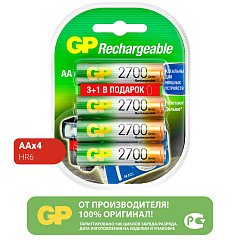 Батарейки аккумуляторные GP, АА (HR6), Ni-Mh, 2650 mAh, 4шт (ПРОМО 3+1), блистер, 270AAHC3/1-2CR4 фото