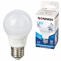 Лампа светодиодная SONNEN, 7 (60) Вт, цоколь Е27, груша, нейтральный белый свет, 30000 ч, LED A55-7W-4000-E27, 453694 фото