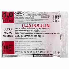 Шприц инсулиновый SFM, 1 мл, КОМПЛЕКТ 10 шт., в пакете, U-40 игла несъемная 0,3х8 мм - 30G, 534254 фото